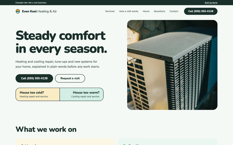 Even Keel Heating & Air example site on a computer: the first screen
