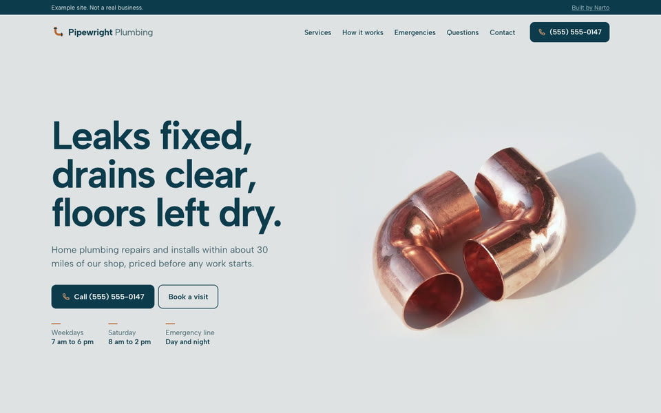 Pipewright Plumbing example site on a computer: the first screen