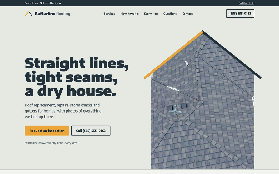Rafterline Roofing example site on a computer: the first screen